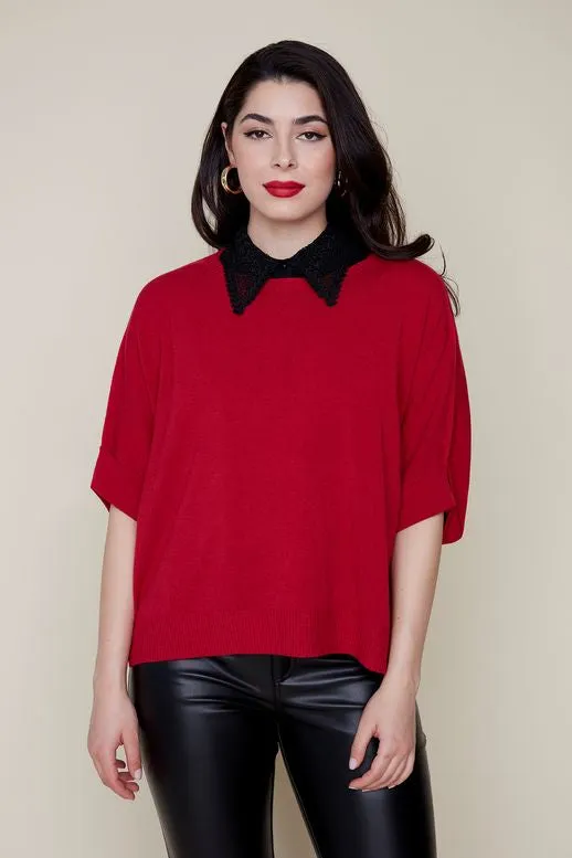 Renuar Loose Crop Sleeve Sweater Berry