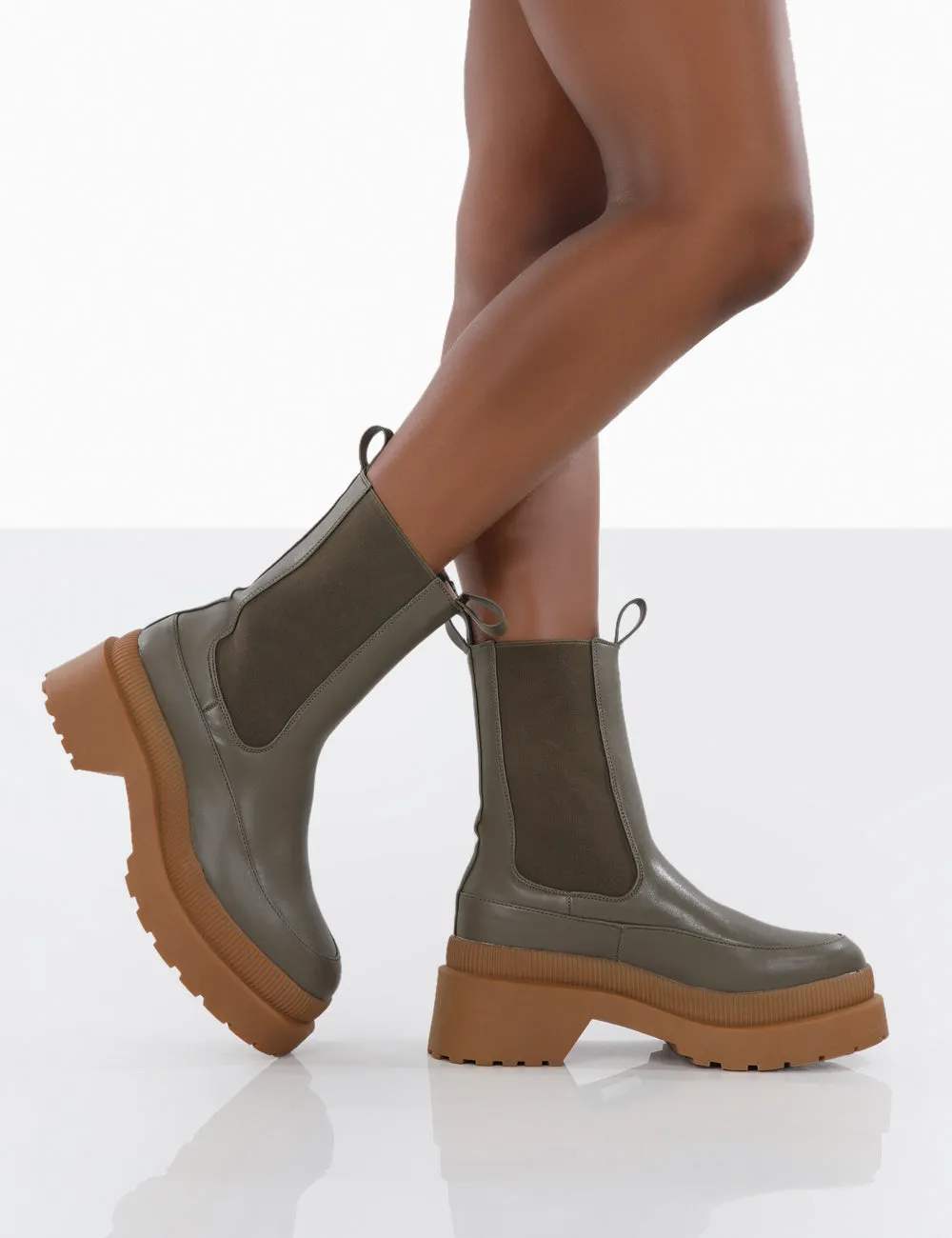 Rise Khaki Platform Chunky Rubber Sole chelsea Boots