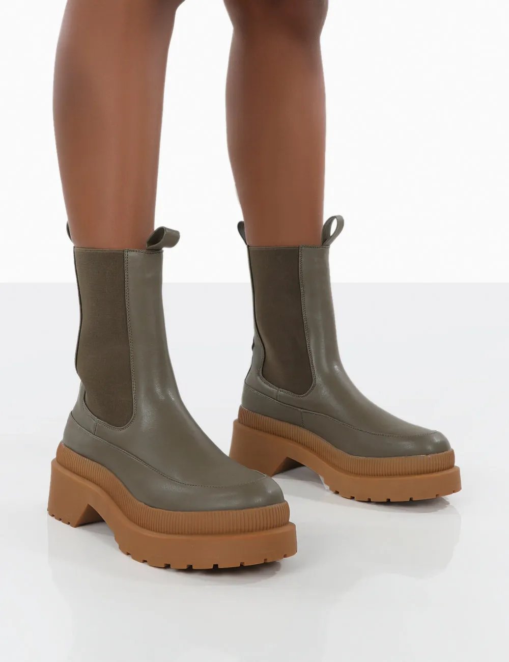 Rise Khaki Platform Chunky Rubber Sole chelsea Boots