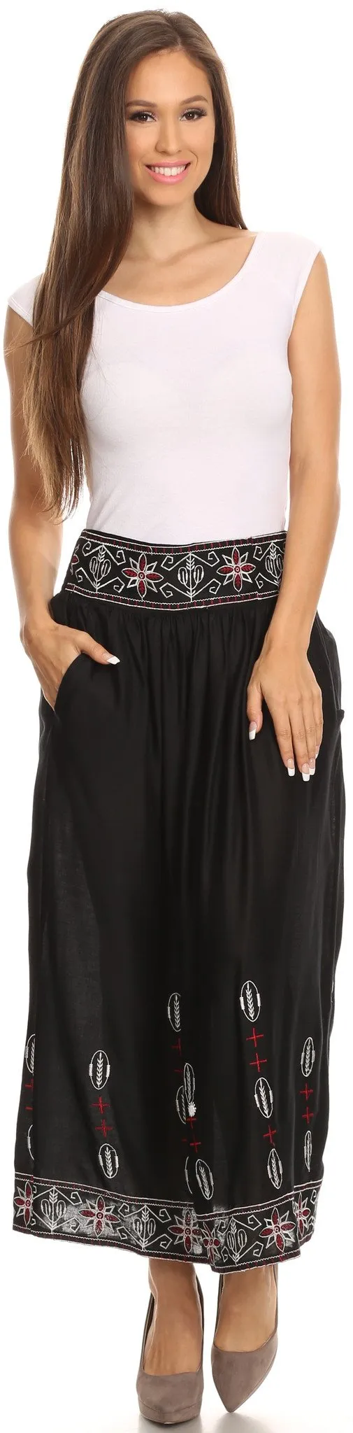 Sakkas Poch Long Tribal Aztec Floral Flower Embroidered Adjustable Waist Skirt