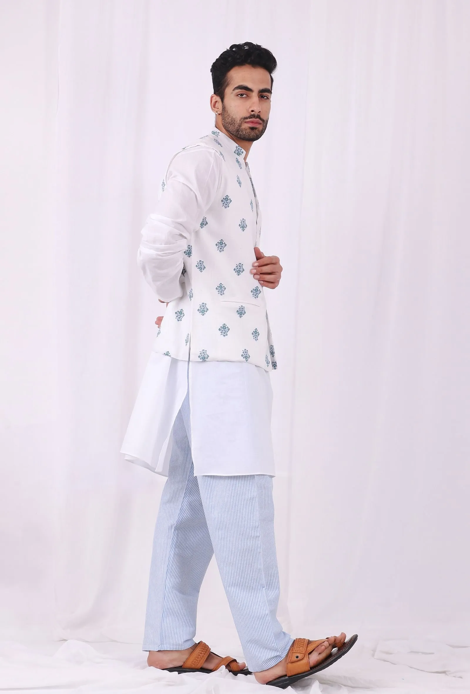 Set of 3: White Cotton kurta and Blue Striped Pajama  with Blue Hand Block Printed Floral Nehru Jacket