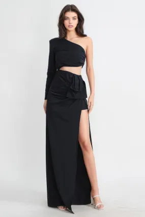 SILVIA MAXI BLACK DRESS WITH WAIST CUT