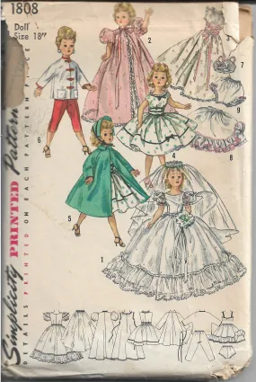 Simplicity 1808 Doll Clothing Vintage Sewing Pattern 1950s