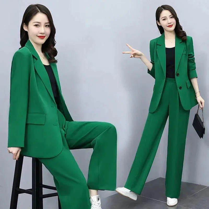 Spring Autumn Thin Women's Blazers Long Pants 2 Piece Set Korean Office Lady Casual Loose Suit Jacket Trousers Outfits Pantsuits