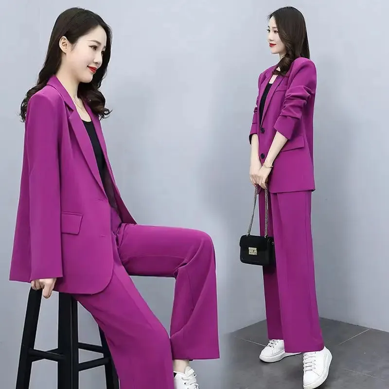 Spring Autumn Thin Women's Blazers Long Pants 2 Piece Set Korean Office Lady Casual Loose Suit Jacket Trousers Outfits Pantsuits