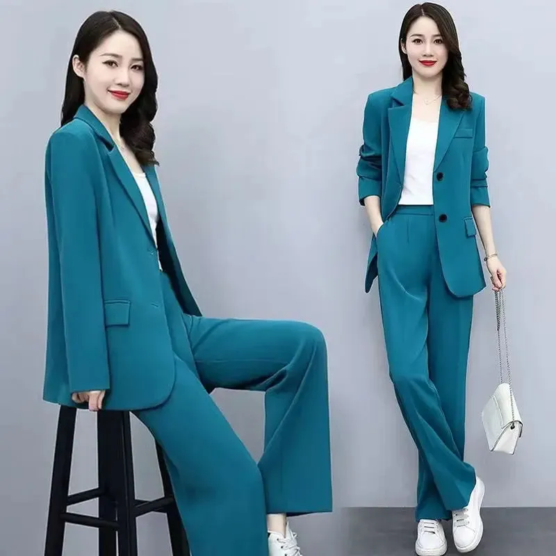 Spring Autumn Thin Women's Blazers Long Pants 2 Piece Set Korean Office Lady Casual Loose Suit Jacket Trousers Outfits Pantsuits