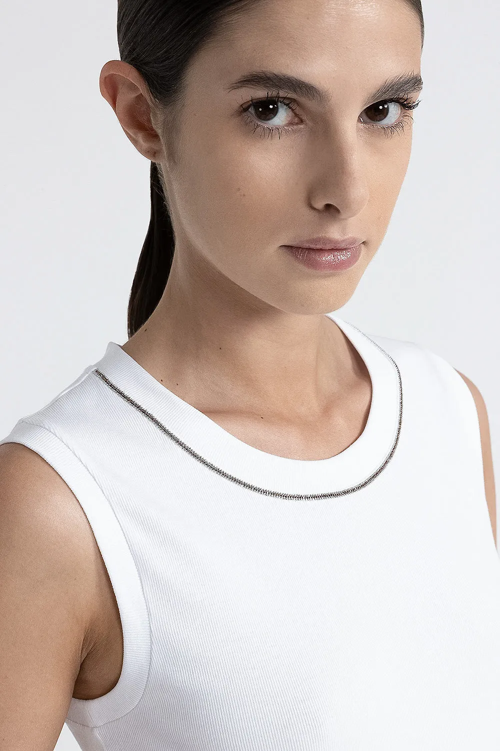 Stretch jersey top with Punto Luce trim