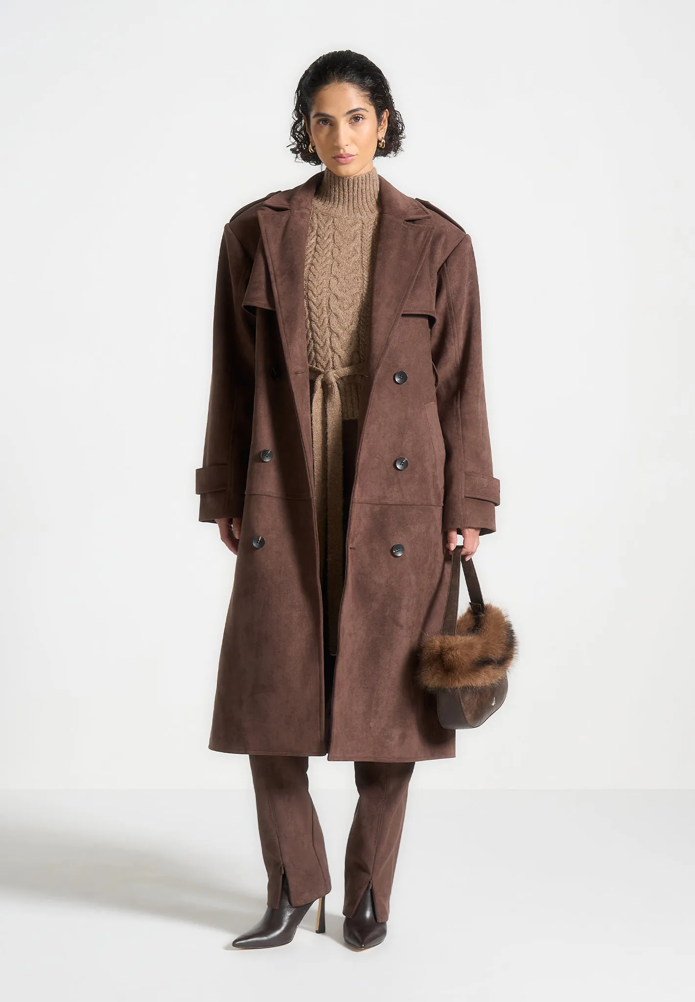 Suede Trench Coat - Brown