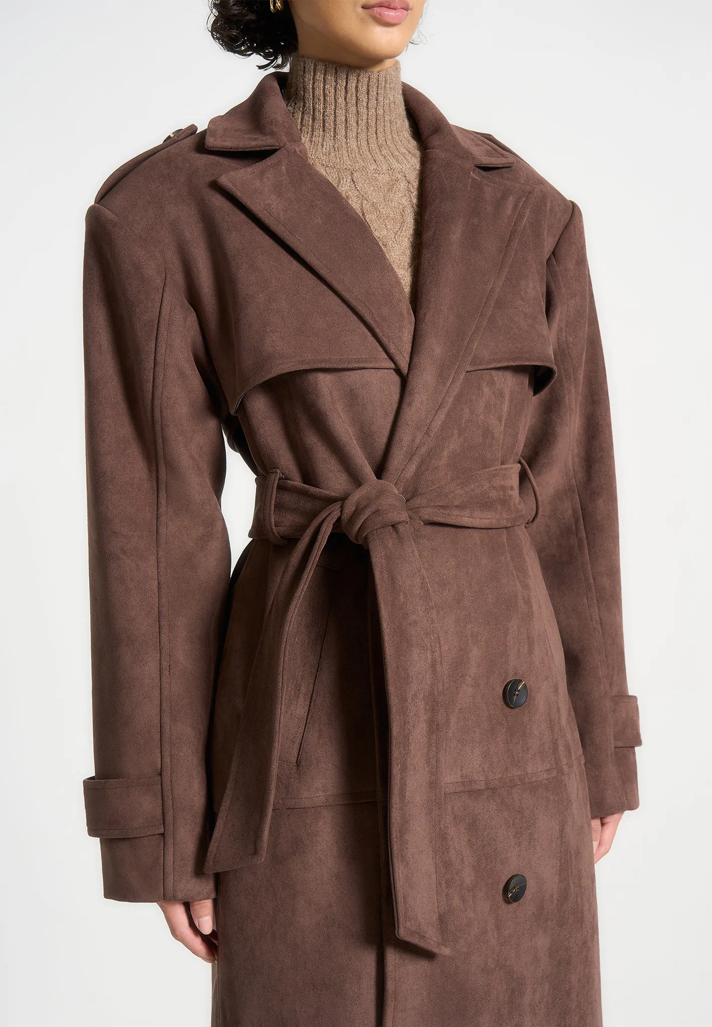 Suede Trench Coat - Brown