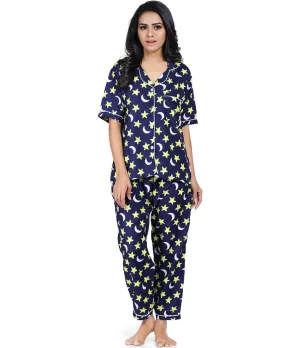 SXV Women's Cotton Printed Night Suit Pyjama Set : Star Moon (Lowest price - non returnable)