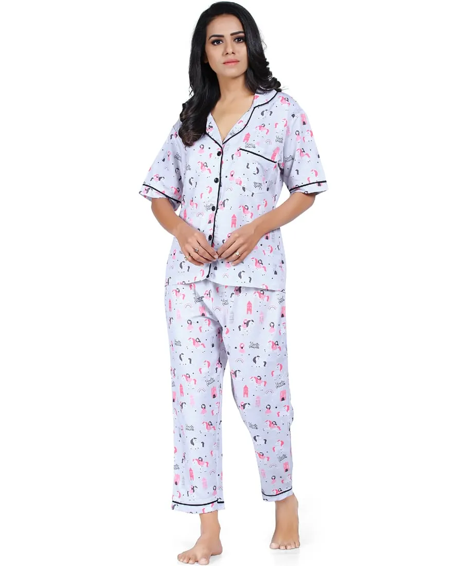 SXV Women's Cotton Printed Night Suit Pyjama Set : Unicorn Princess (Lowest price - non returnable)