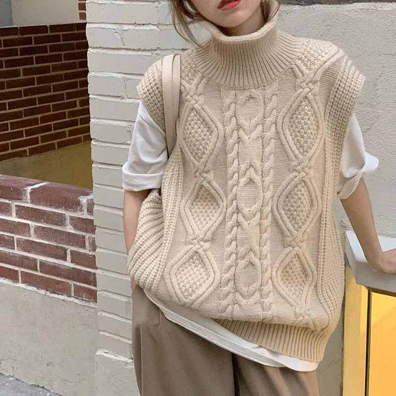 TAVIMART  -  New Women Spring Autumn Turtleneck Twist Sleeveless Short Tank Sweater Jacket Beige Knitted Pullover Waistcoat Vest