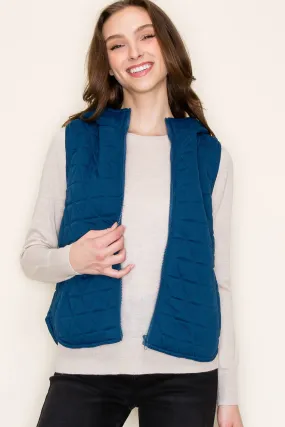 Teal Hooded Quilted Knit Vest with Zipper Closure and Pockets