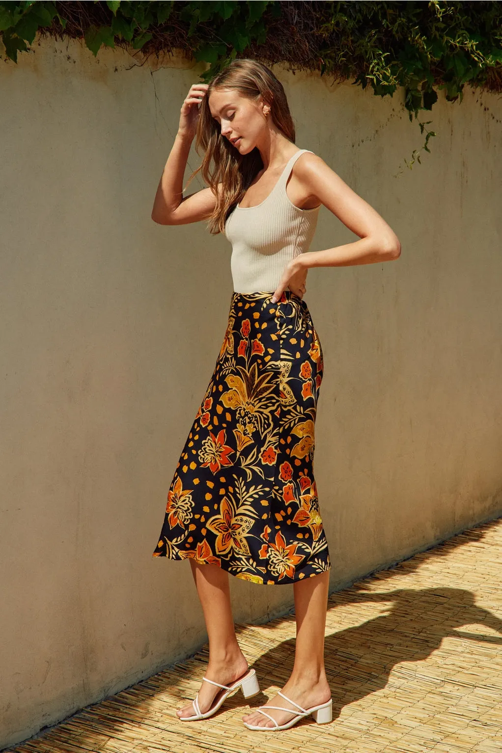 The Heavenly Satin Floral Midi Skirt