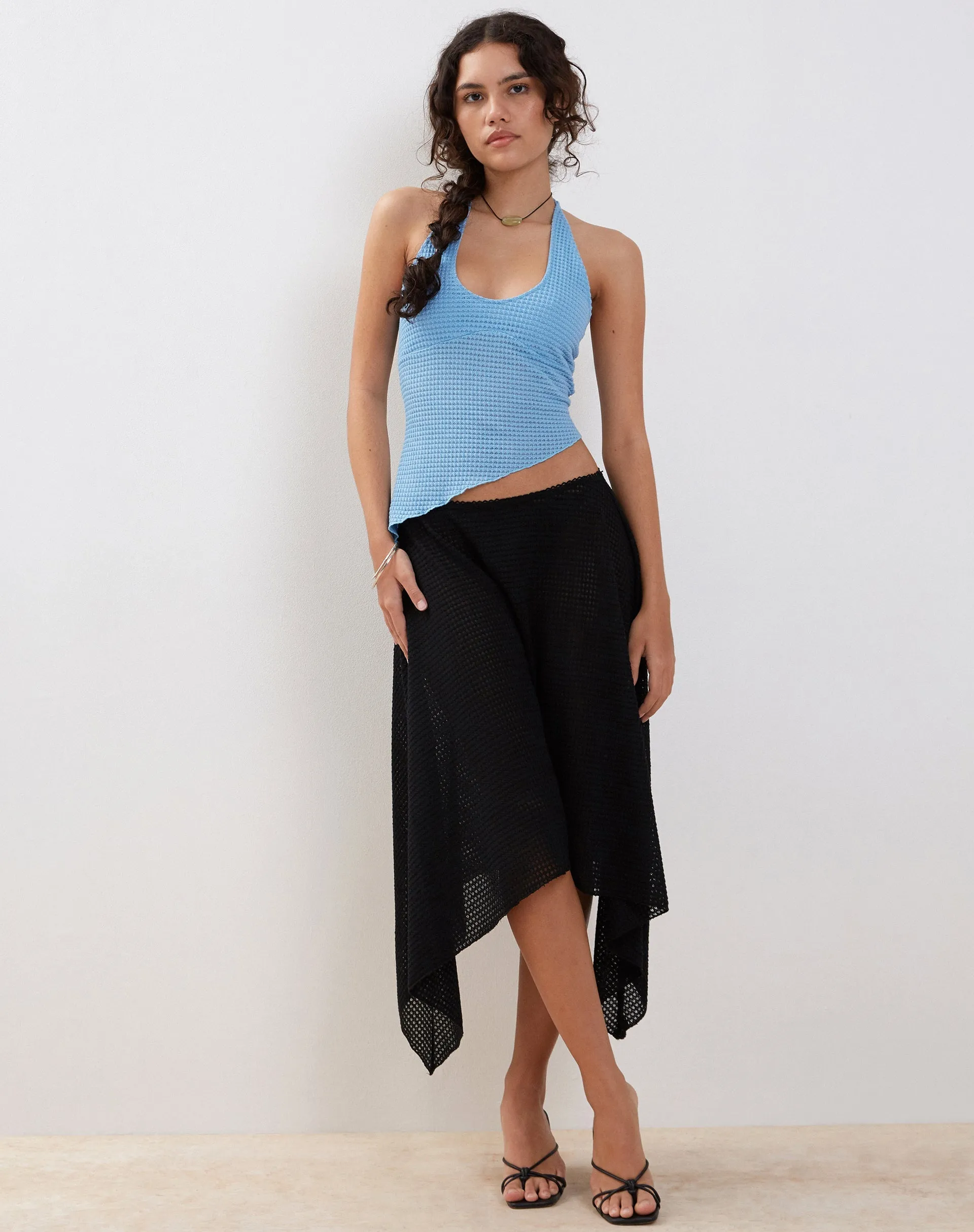 Tullia Asymmetric Midi Skirt in Black Crochet