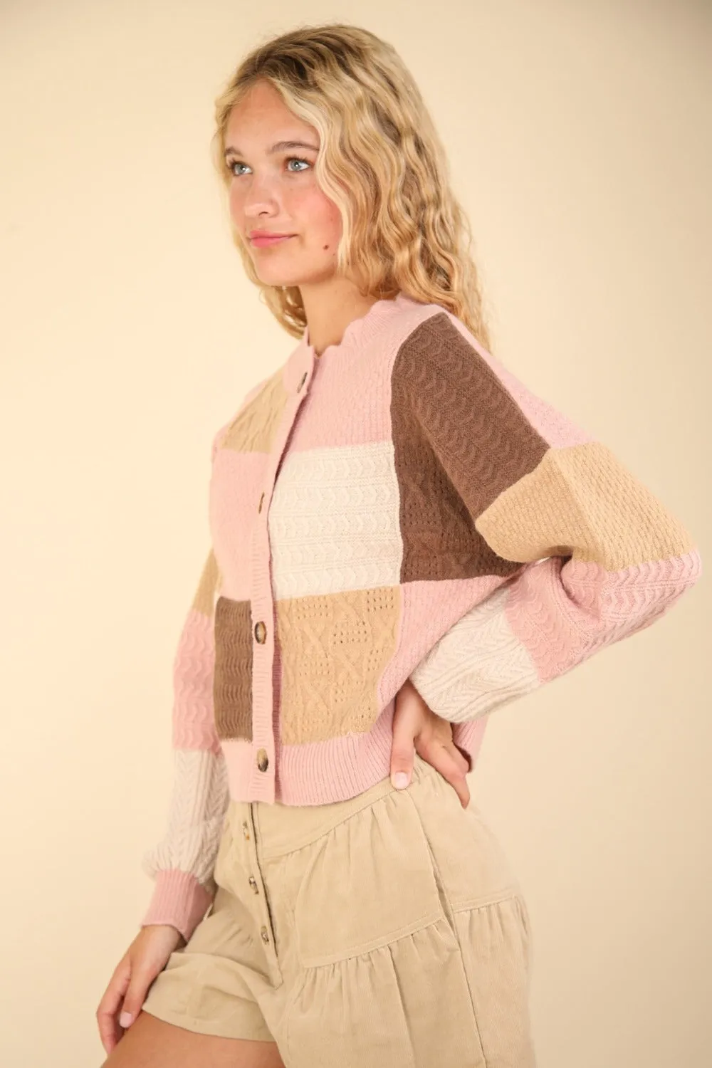 VERY J Color Block Button Down Textured Sweater Cardigan