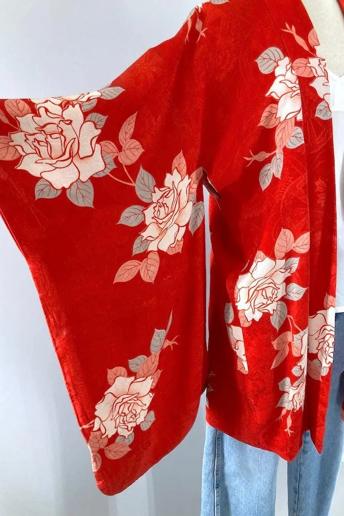 Vintage 1930s Red Roses Silk Kimono Cardigan