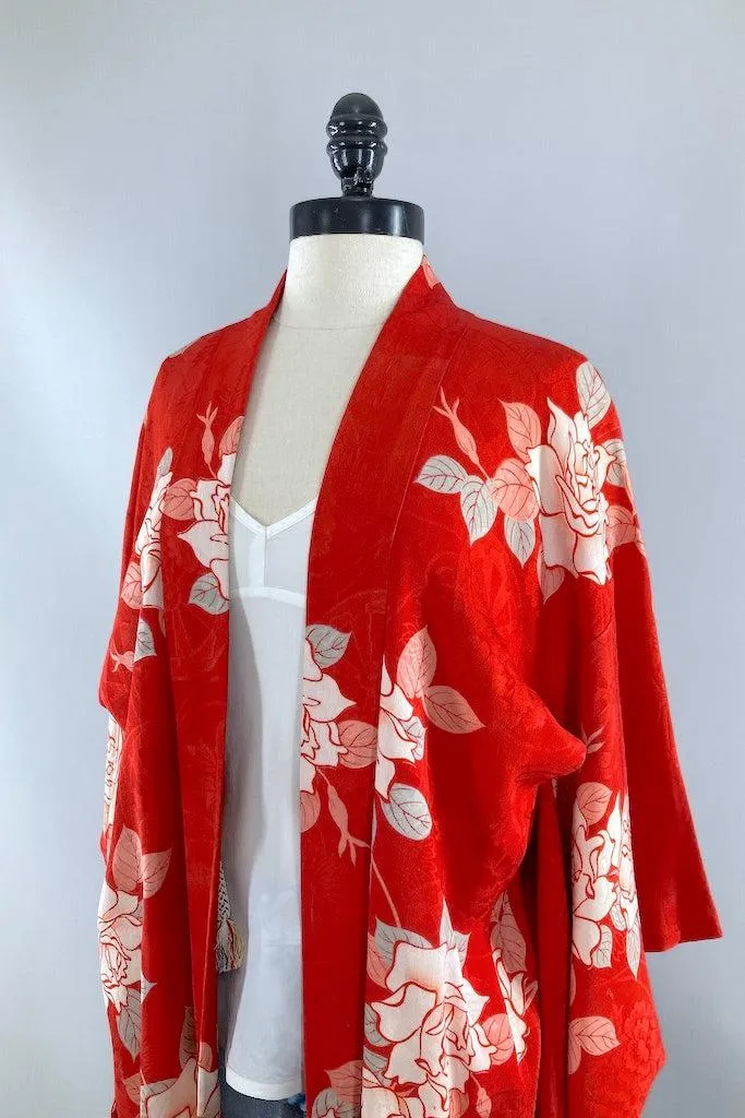 Vintage 1930s Red Roses Silk Kimono Cardigan