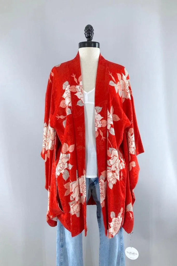 Vintage 1930s Red Roses Silk Kimono Cardigan