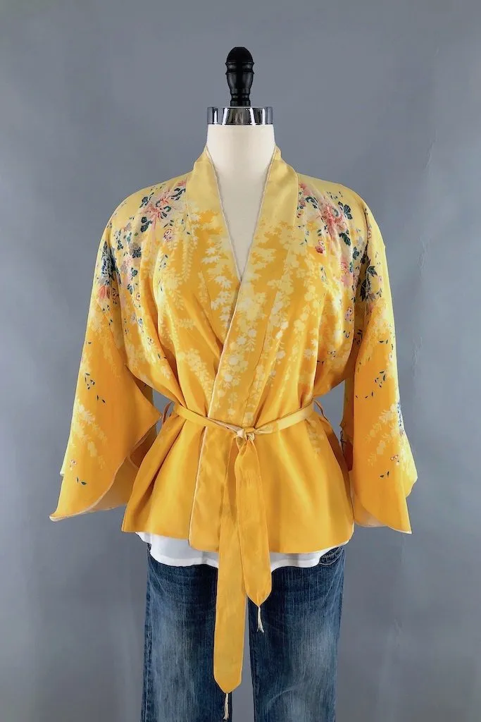 Vintage Yellow Floral Kimono Cardigan