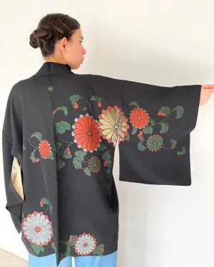 Weaving Embroidery of Chrysanthemum Black Haori Kimono Jacket