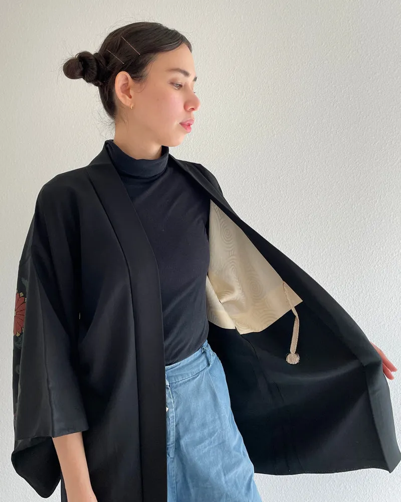 Weaving Embroidery of Chrysanthemum Black Haori Kimono Jacket