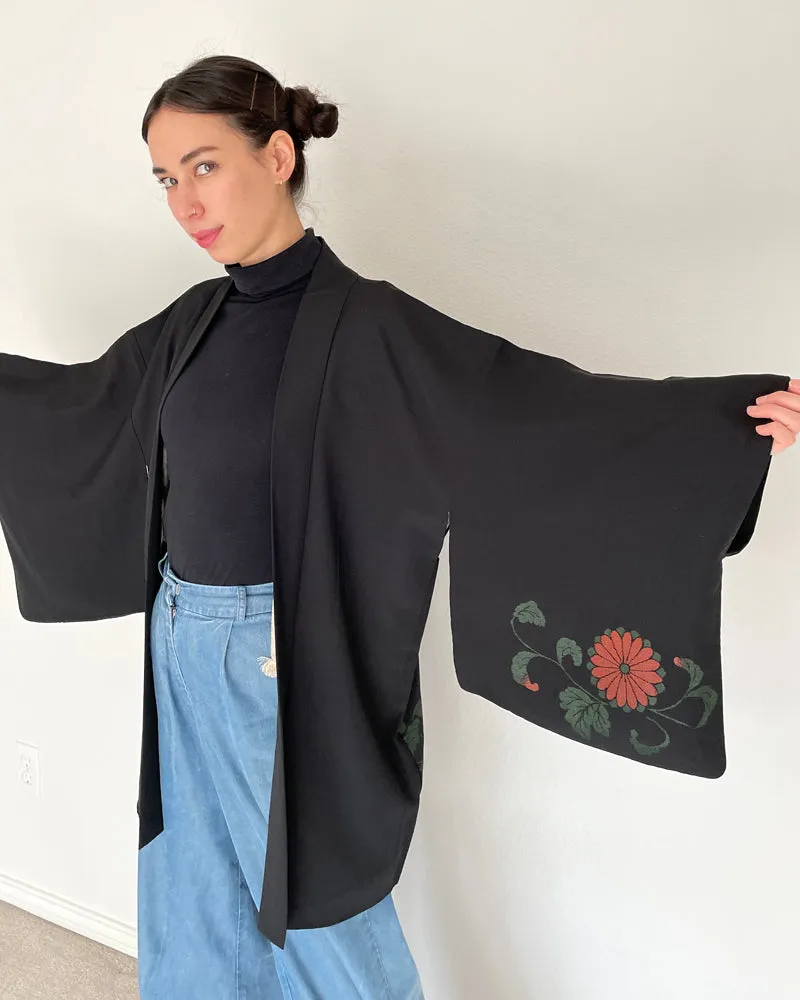 Weaving Embroidery of Chrysanthemum Black Haori Kimono Jacket