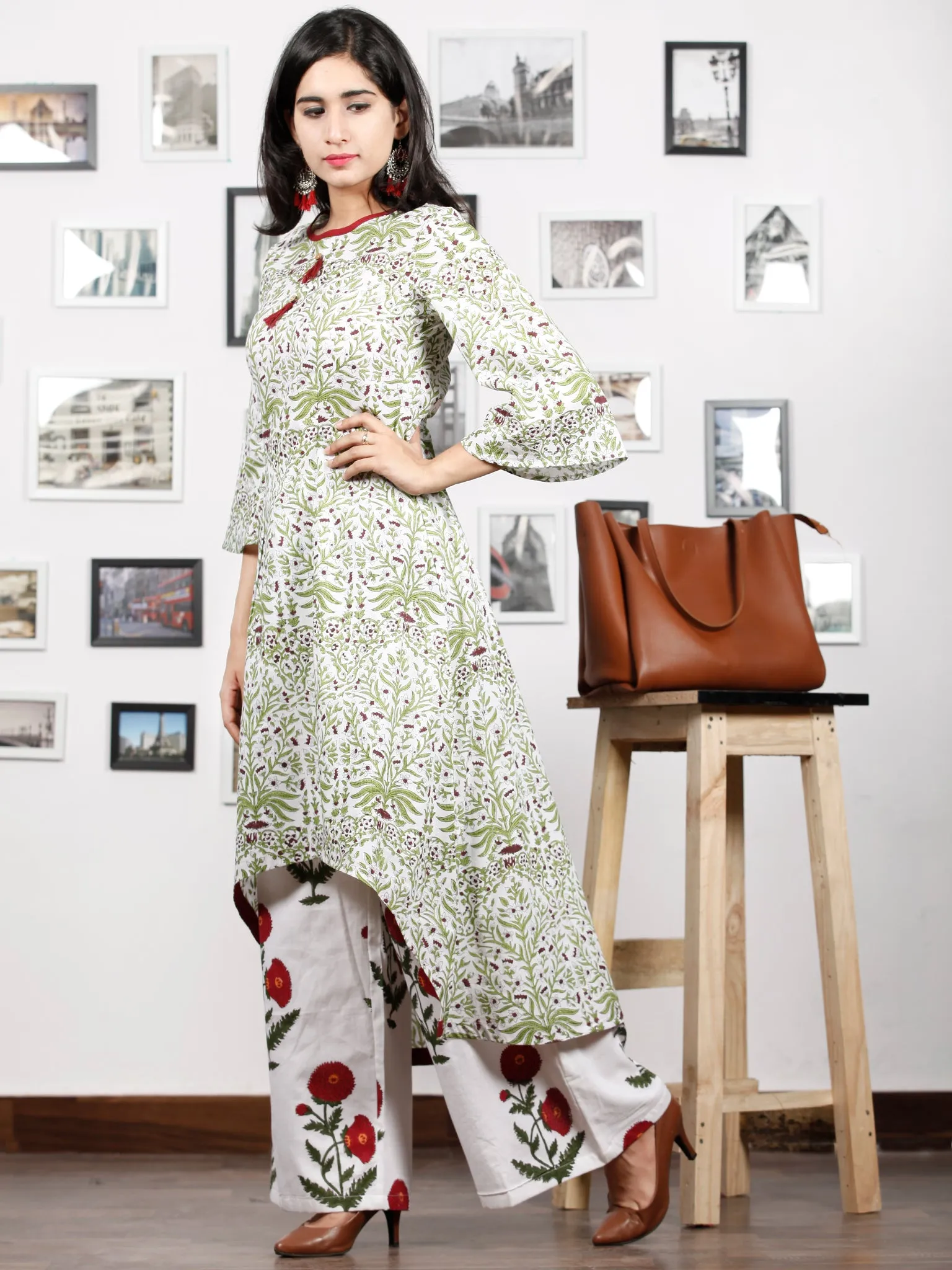 White Green Maroon Hand Block Printed Asymmetric Kurta With Culottes (Set of 2) - D285F1494