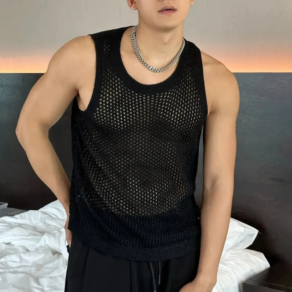 Wiaofellas  -  Mens Sexy Hollow Mesh Knitted Vest Genderless New Nightclub Niche Casual Solid Color Sleeveless Knitted Tank Top Unisex