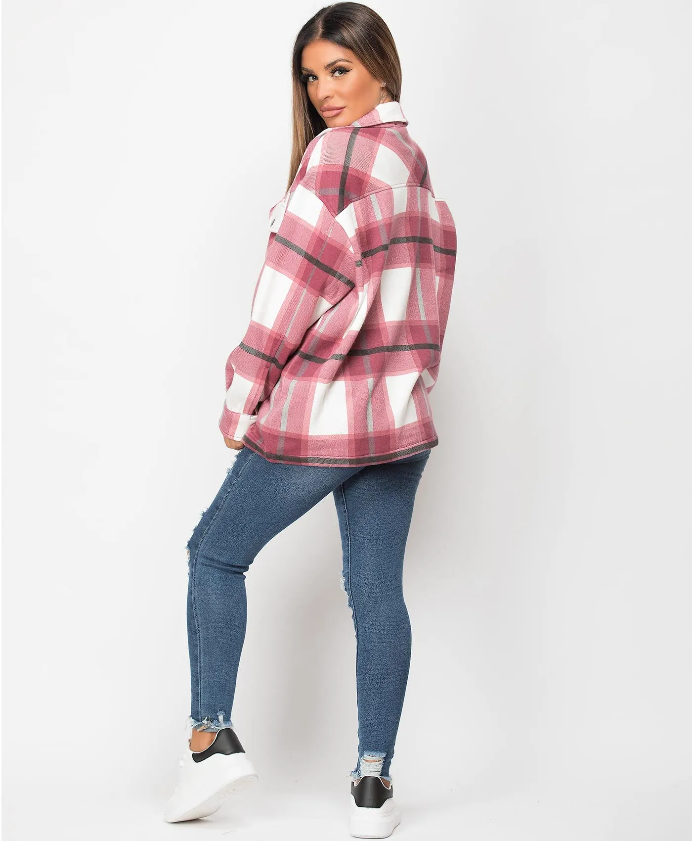 Wine Fleece Oversized Check Shirt Shacket