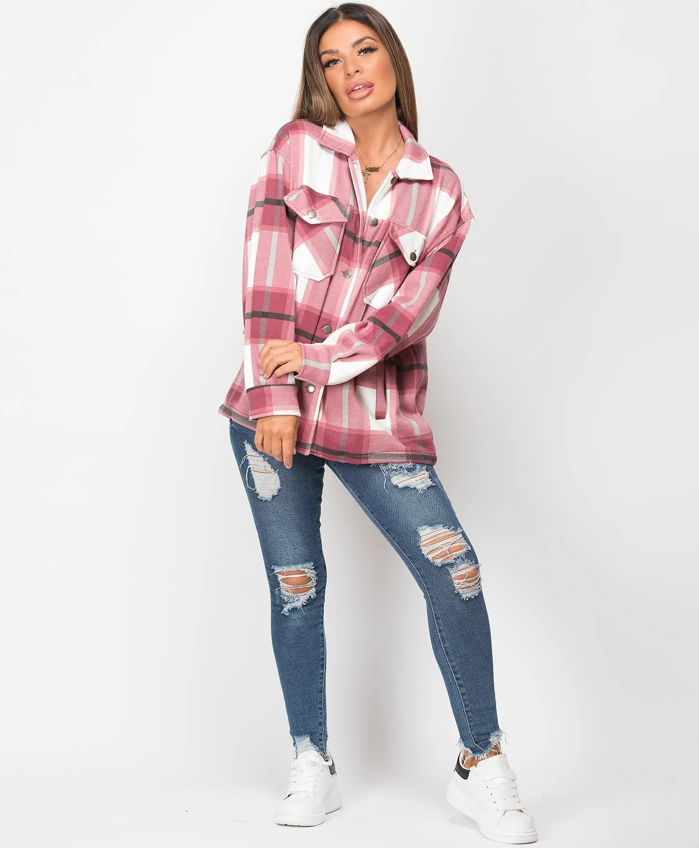 Wine Fleece Oversized Check Shirt Shacket