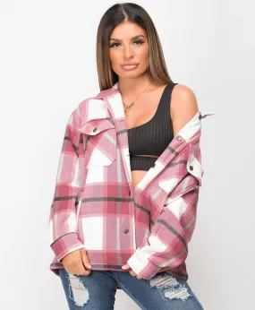 Wine Fleece Oversized Check Shirt Shacket