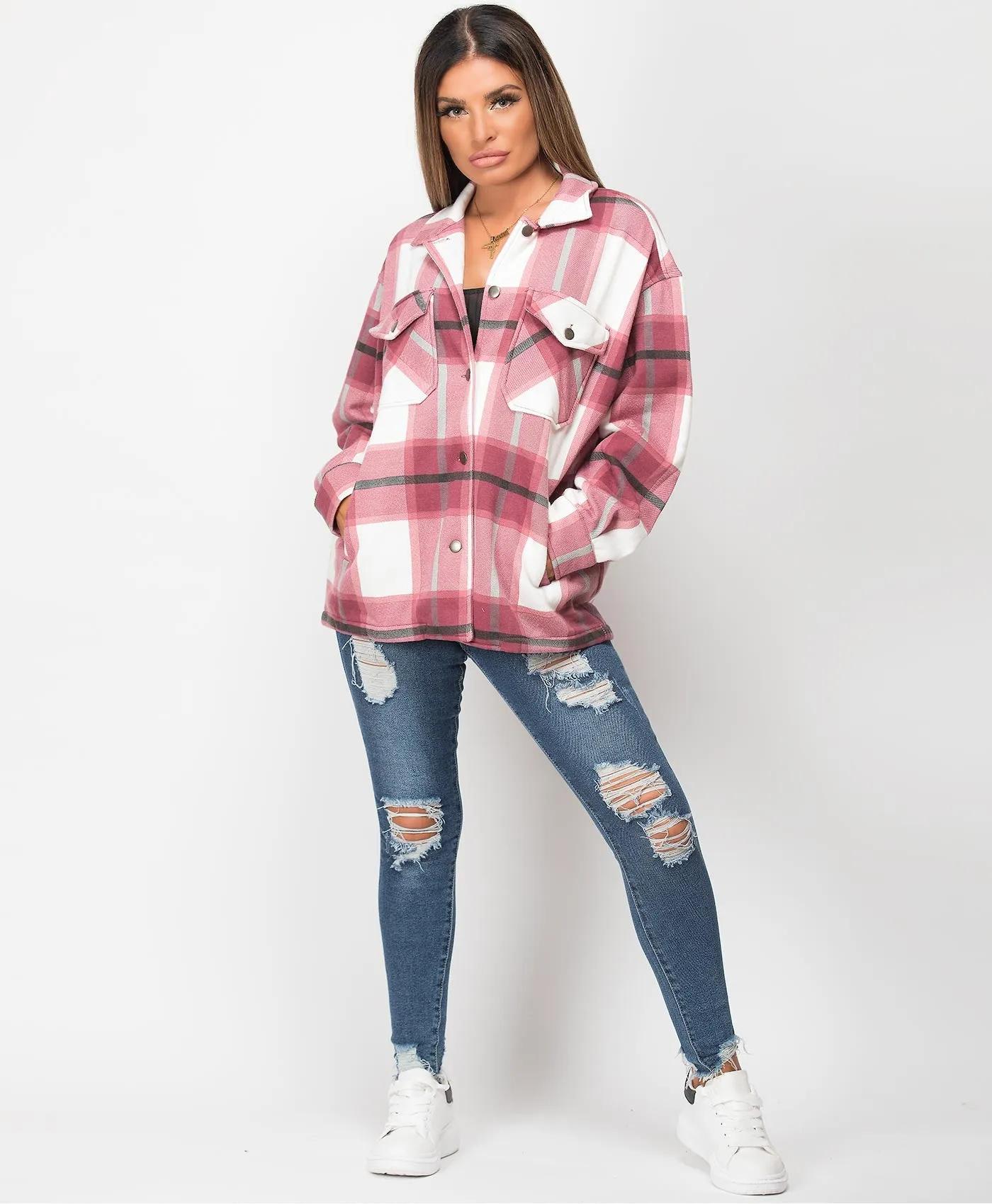 Wine Fleece Oversized Check Shirt Shacket