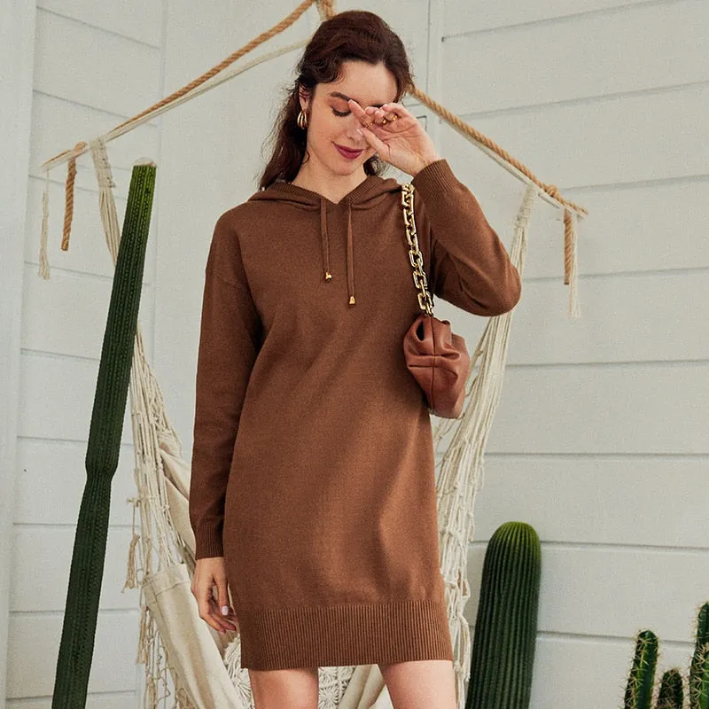 Winter Hooded Sweater Short Knitwear Autumn Basic Solid Casual Knitted Sweater Dress