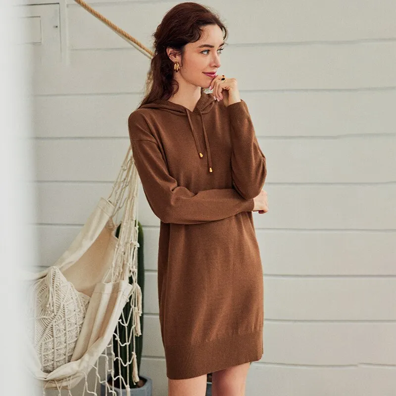 Winter Hooded Sweater Short Knitwear Autumn Basic Solid Casual Knitted Sweater Dress