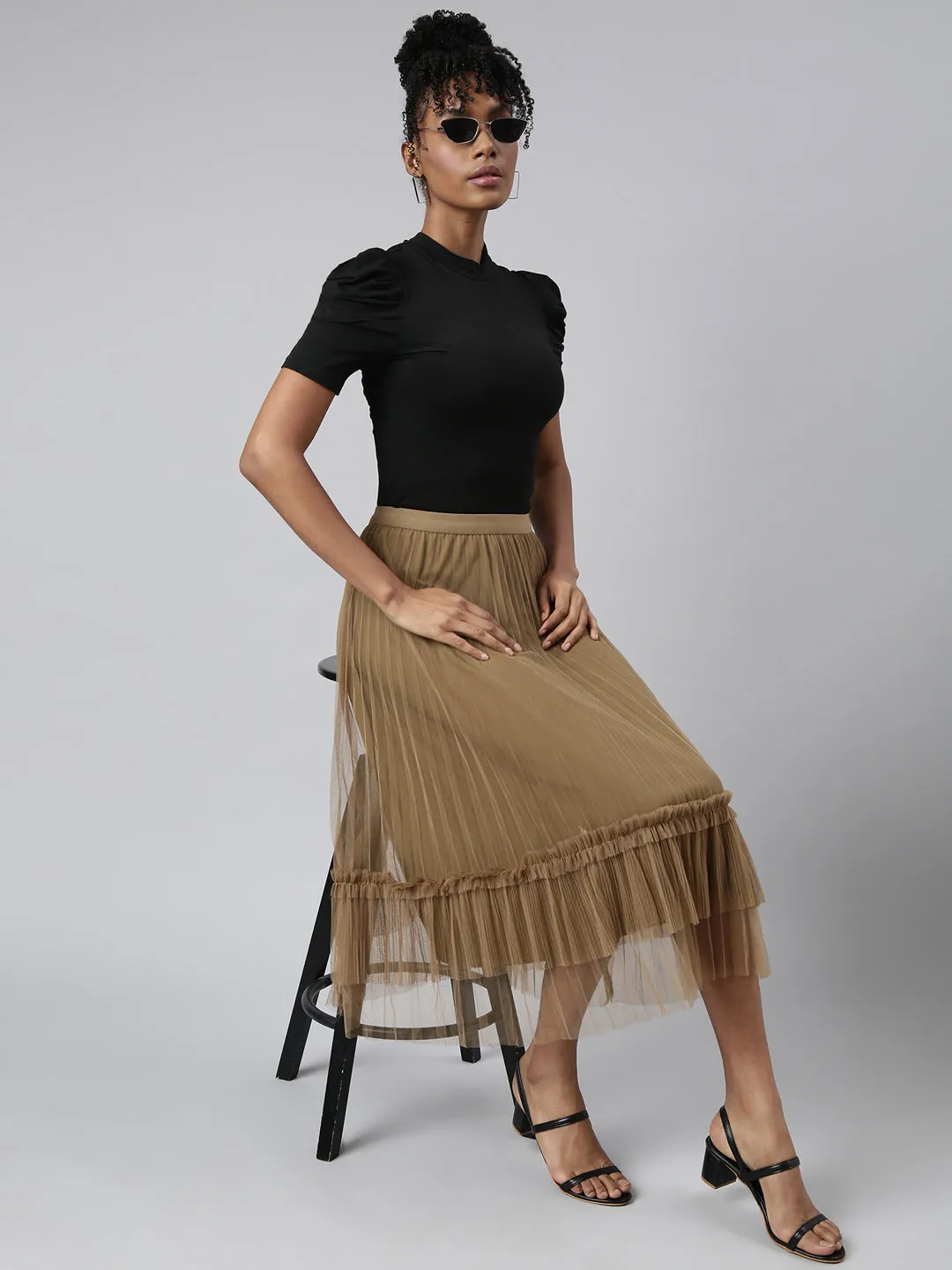 Women Flared Midi Brown Solid Skirt