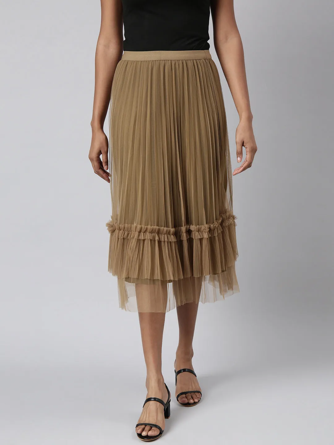 Women Flared Midi Brown Solid Skirt