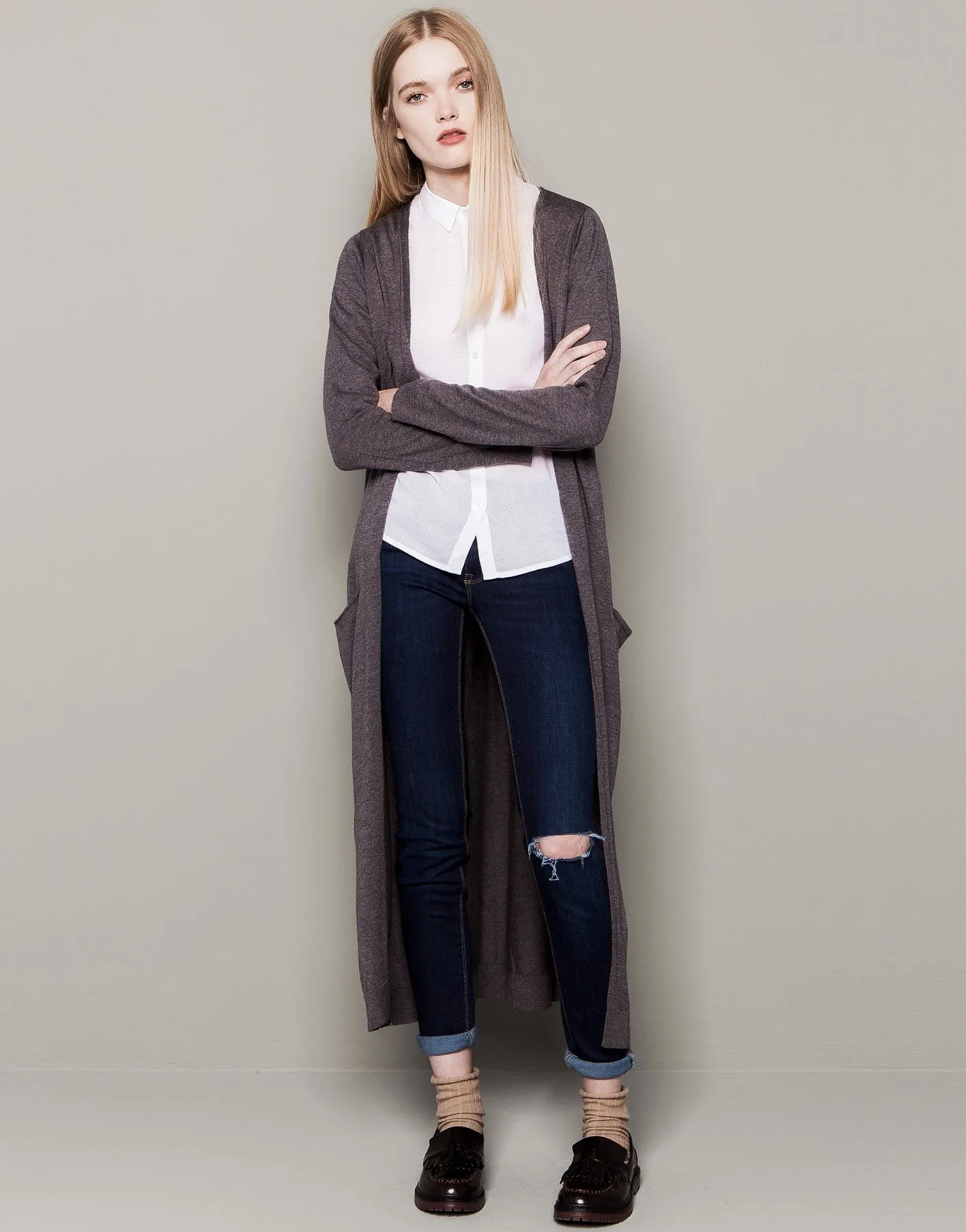 Women Long Fine Viscose Cotton Sides Pockets Cardigan Shawl