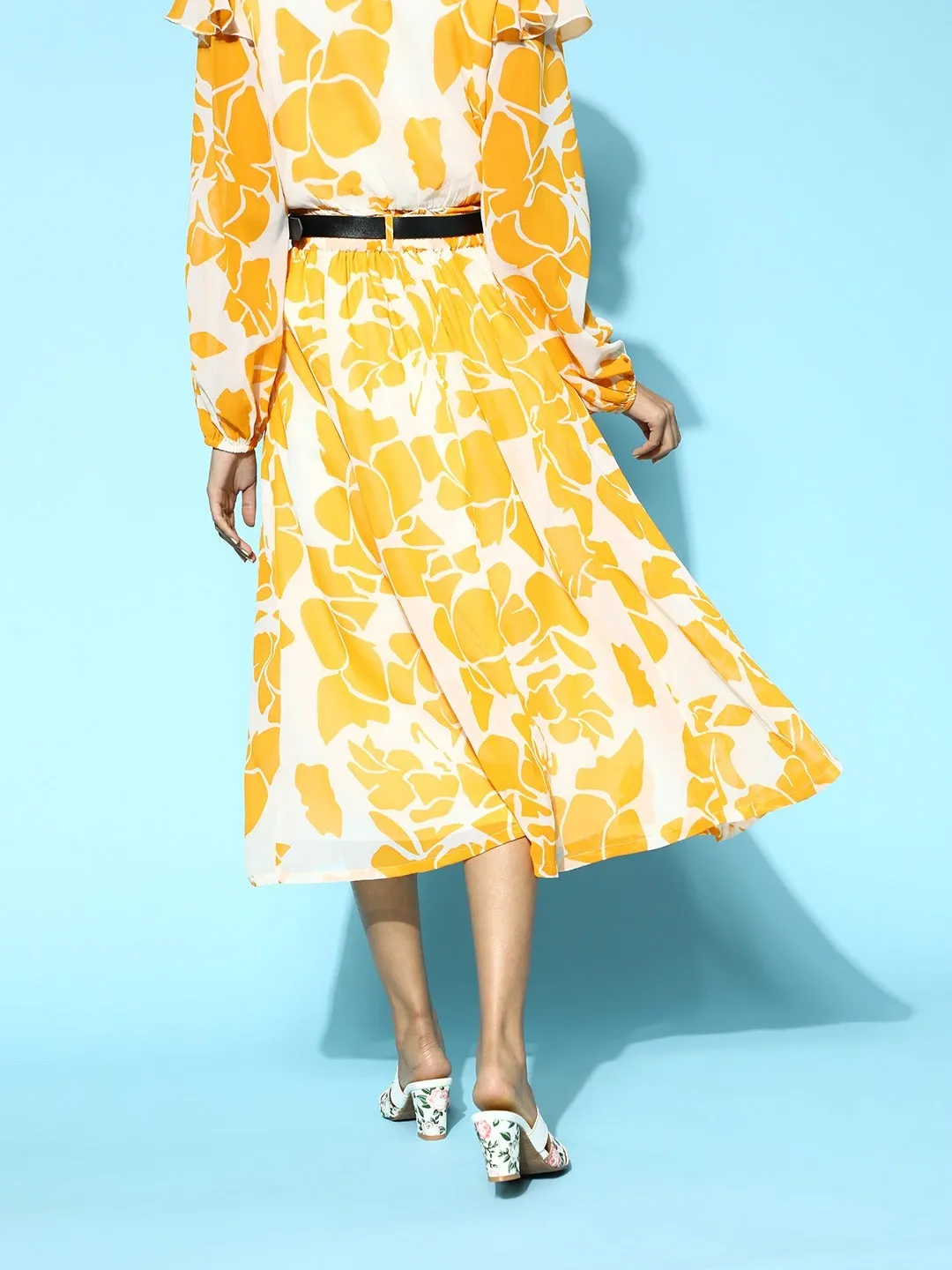 Women Mustard Floral A-Line Belted Skirt