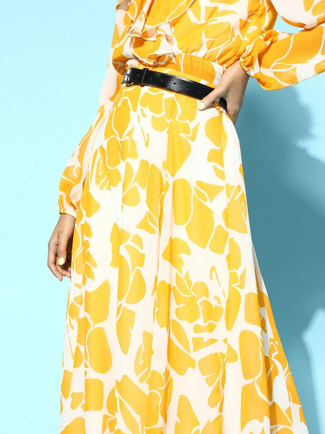 Women Mustard Floral A-Line Belted Skirt