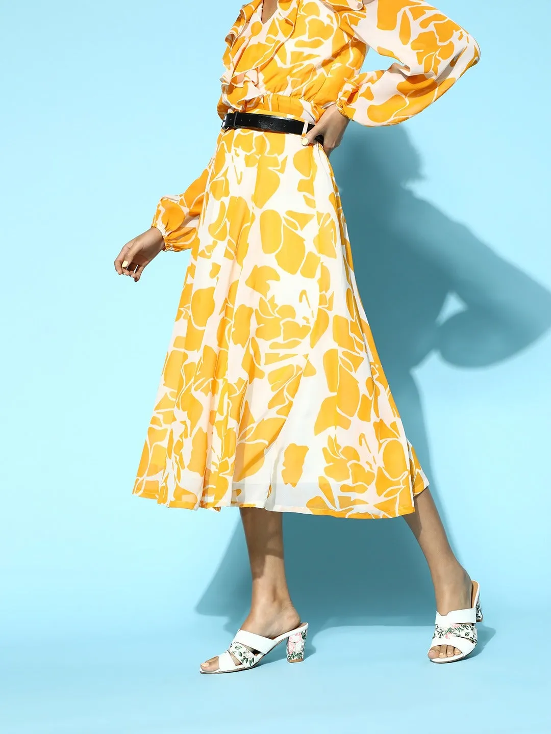 Women Mustard Floral A-Line Belted Skirt