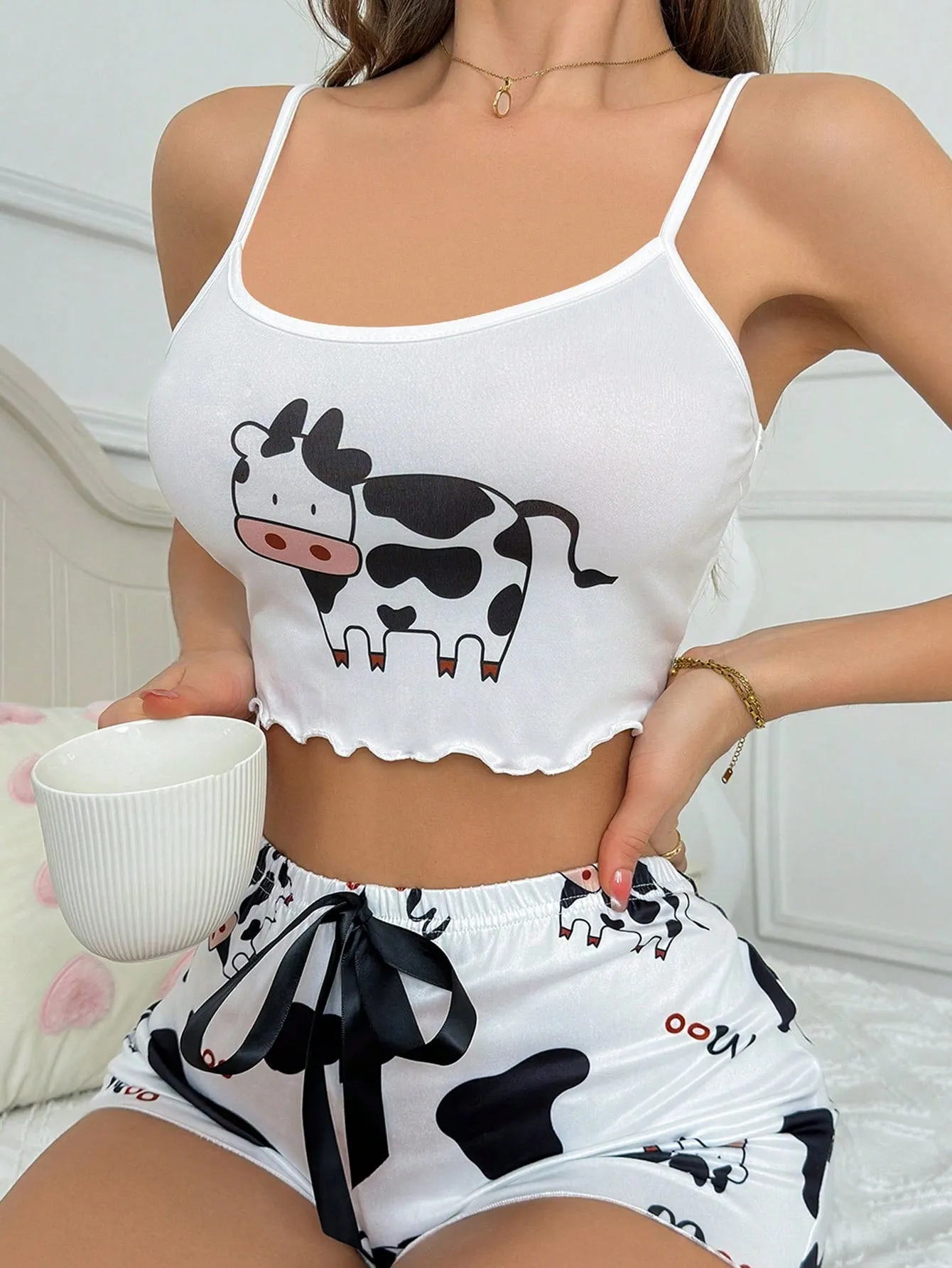 Women's Cow Printed Camisole With Round Neckline And Lace Trimmed Straps, Pajama Cami Top (Without Shorts)