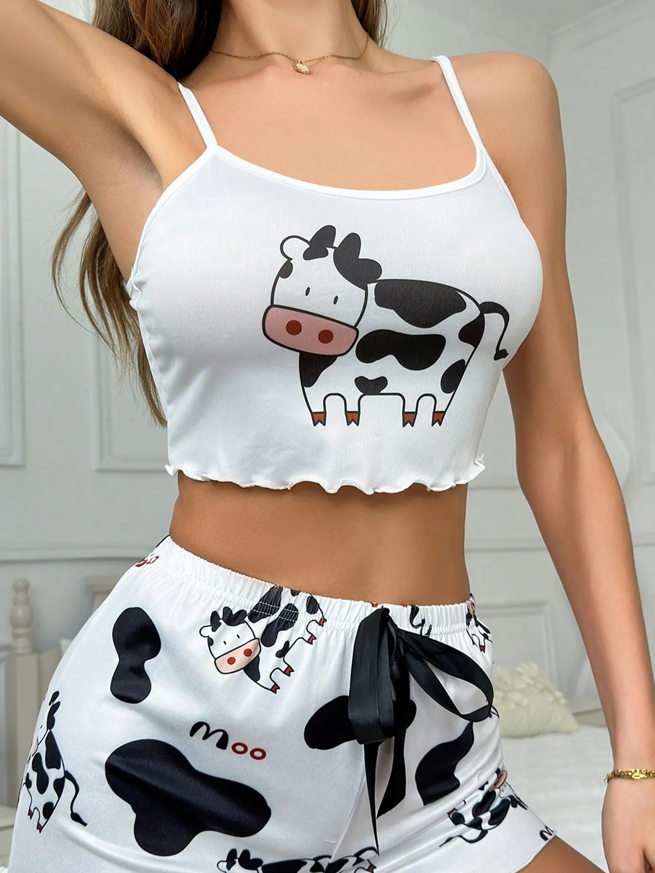 Women's Cow Printed Camisole With Round Neckline And Lace Trimmed Straps, Pajama Cami Top (Without Shorts)