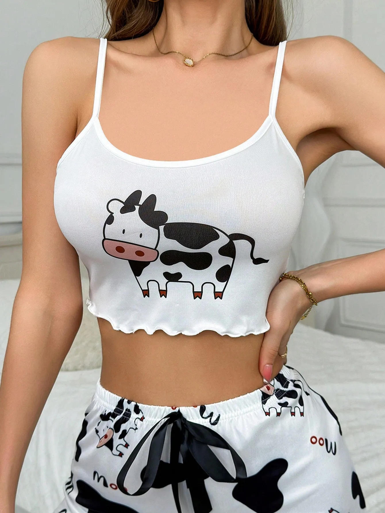 Women's Cow Printed Camisole With Round Neckline And Lace Trimmed Straps, Pajama Cami Top (Without Shorts)