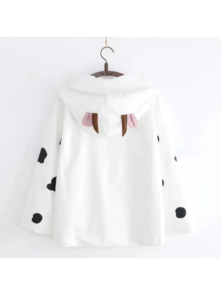 Women's Hooded Jacket Cartoon Dairy Cows Print Zipper Jackets Casual Pocket Harakuju Cute Outwear Coats 2024 Autumn Korean Tops