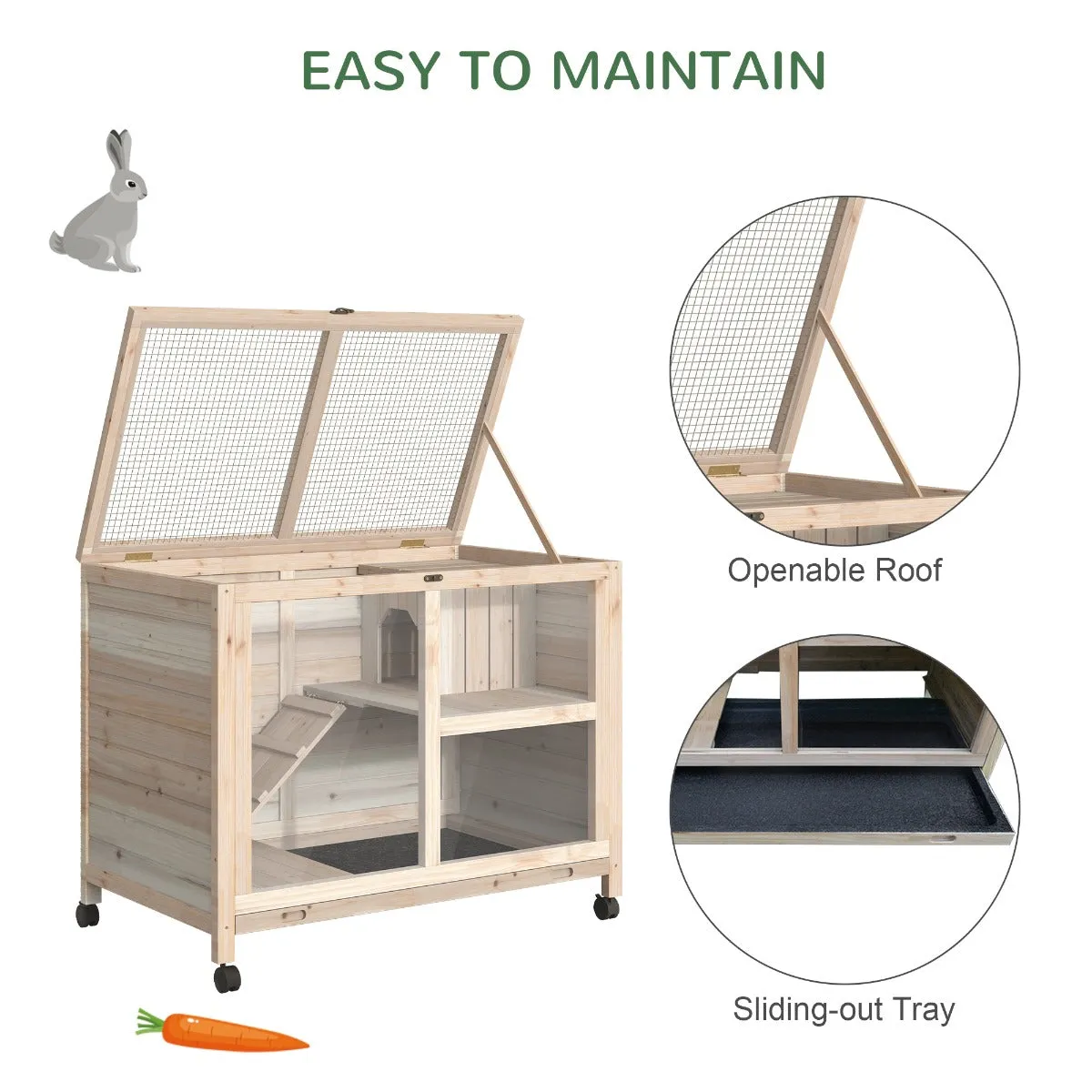 Wooden Rabbit Hutch Guinea Pigs House Bunny Small Animal Cage w/ Pull-out Tray Openable Roof Wheels 91.5 x 53.3 x 73 cm, Natural