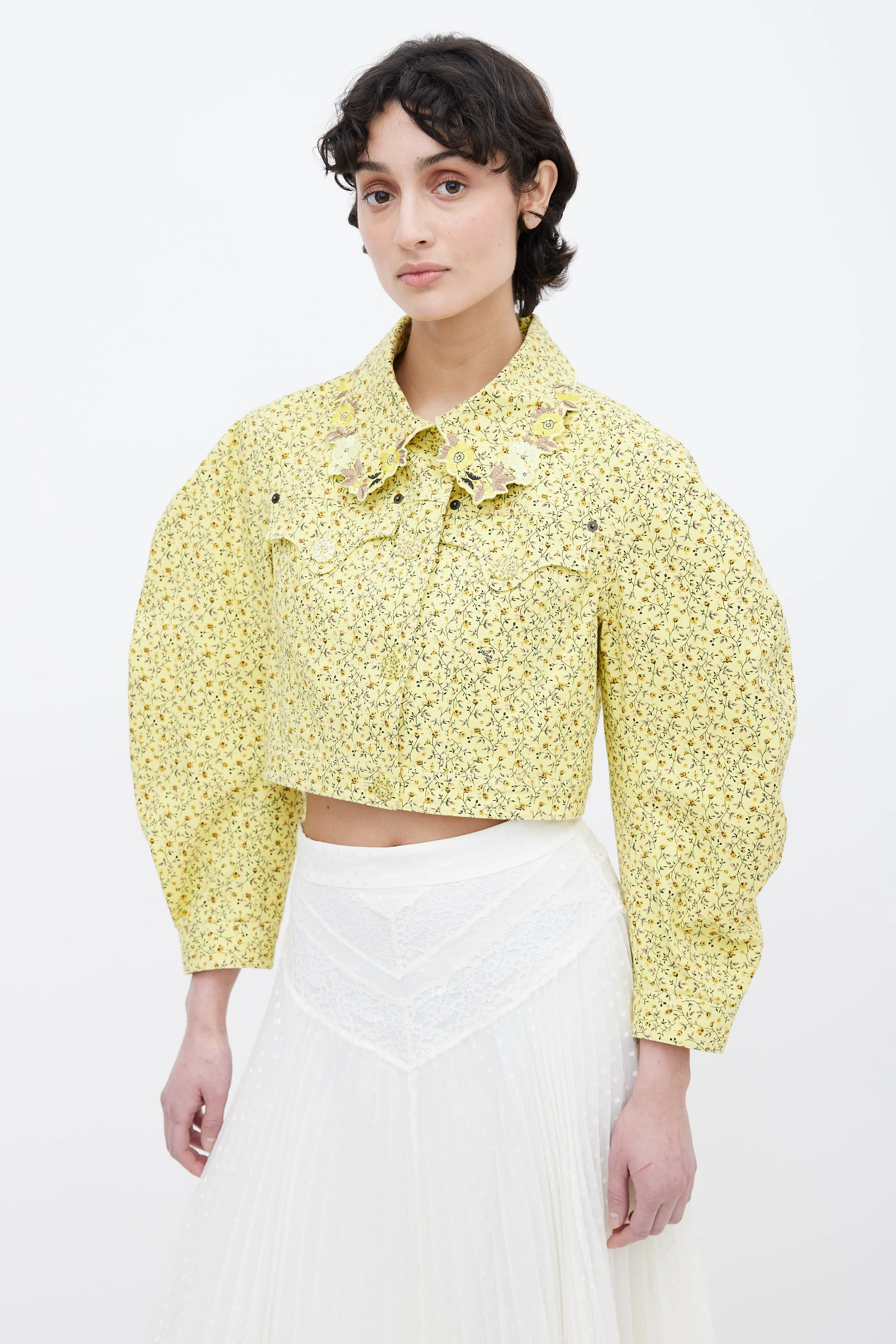 Yellow Cotton Floral Print Cropped Jacket