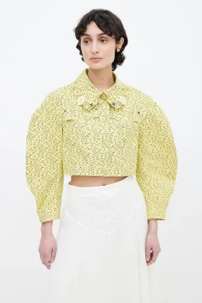 Yellow Cotton Floral Print Cropped Jacket