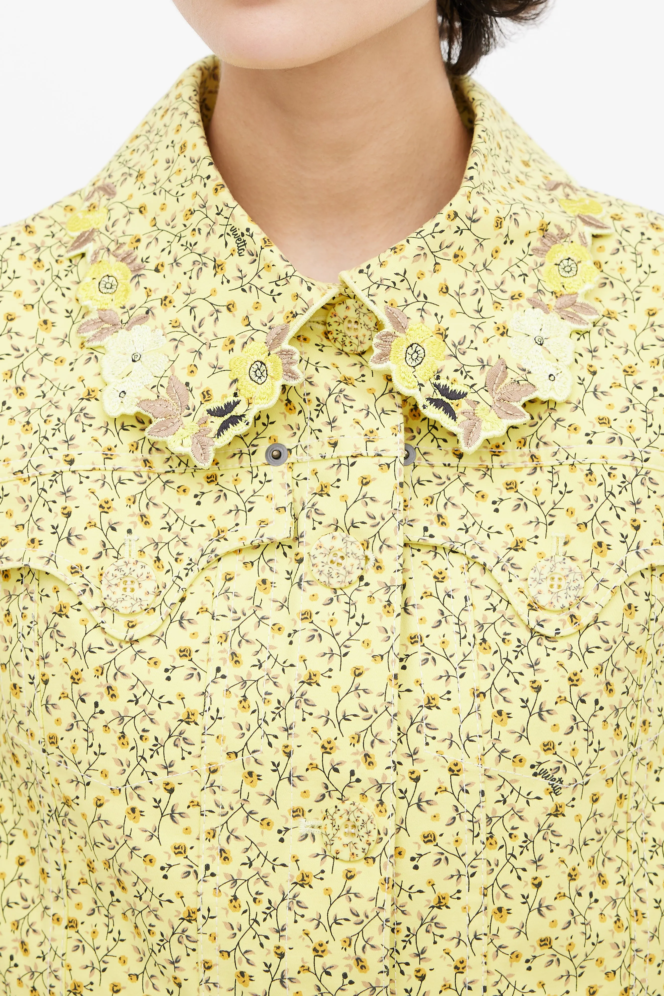 Yellow Cotton Floral Print Cropped Jacket