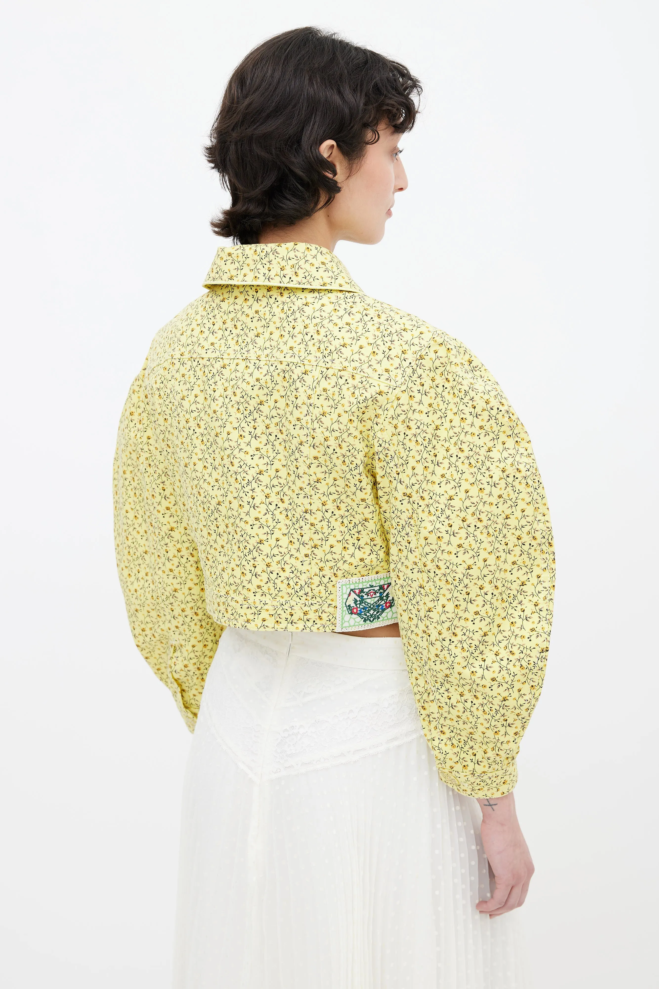 Yellow Cotton Floral Print Cropped Jacket